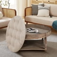 thumbnail image 3 of Hassch 2-Tier Ottoman Coffee Table - 31.49 inch Oversized Round Ottoman with Storage Shelf, Flip up Top, Wood Legs, Farmhouse Upholstered Tufted Ottoman Footrest for Living Room Bedroom, Gray+Khaki, 3 of 10