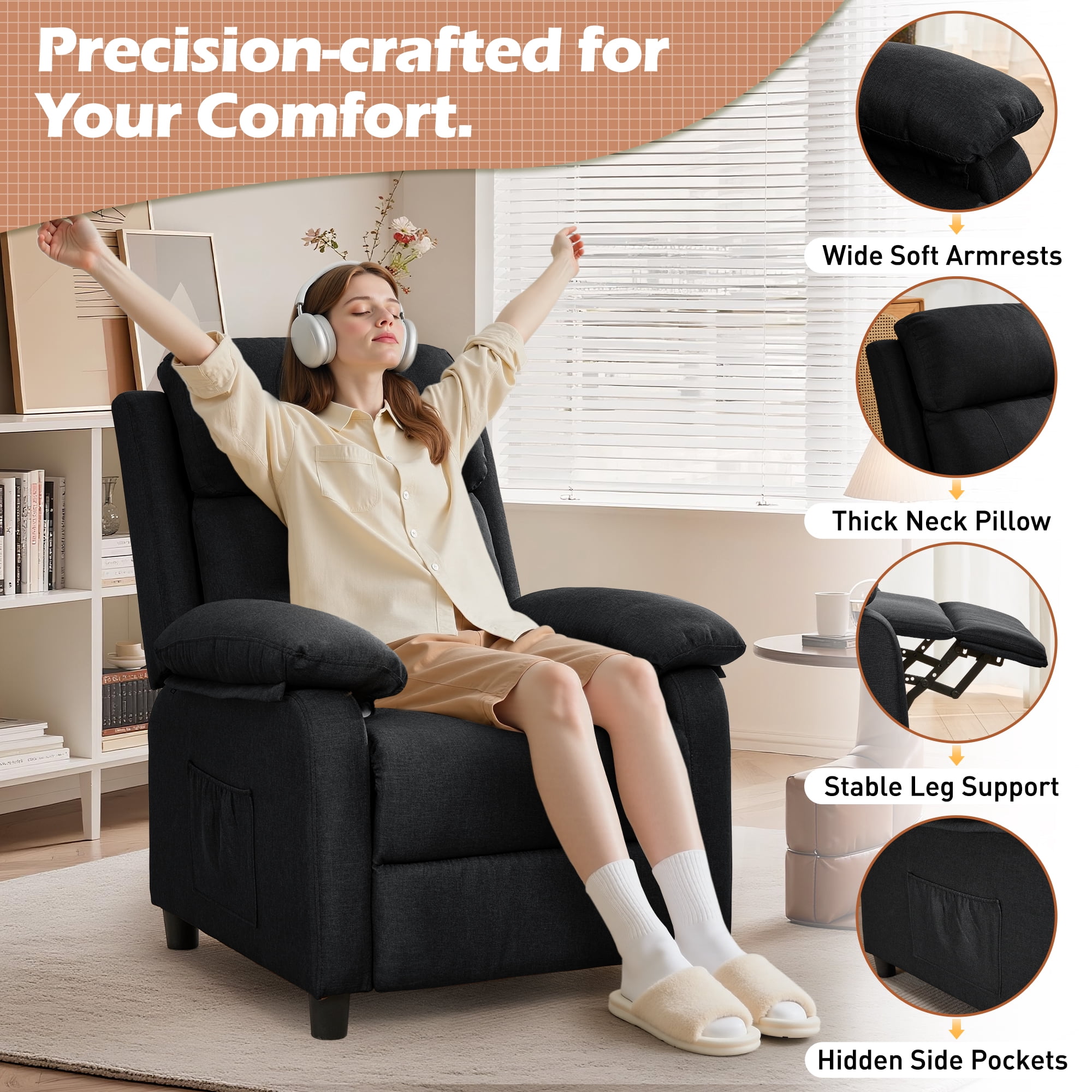 Korser Manual Push Back Recliner Chair with Side Pockets,Recliner Chairs for Adults for Living Room,Small Recliners for Small Spaces,Linen,Black