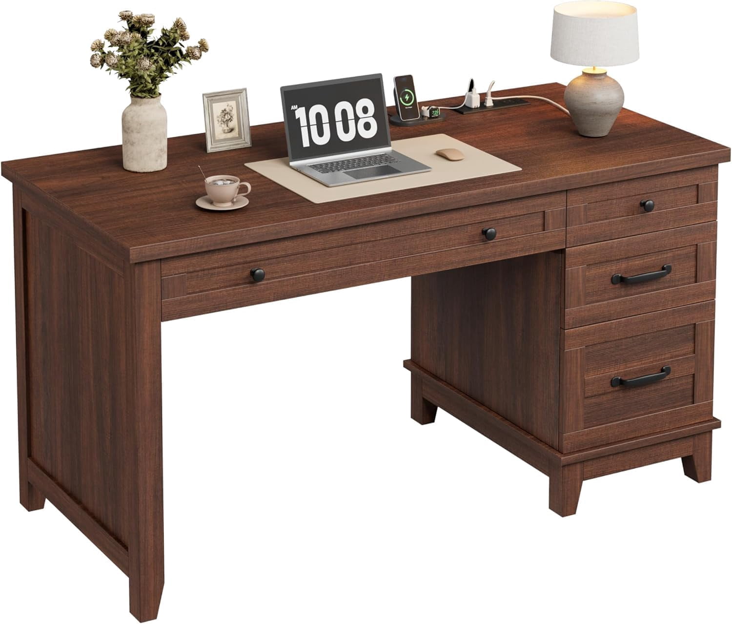 CABIHOME Farmhouse Office Desk with Charging Station & File Drawer | 53.5" Wooden Computer Desk with Built-in USB Ports, Executive Computer Desk Workspace for Home Office