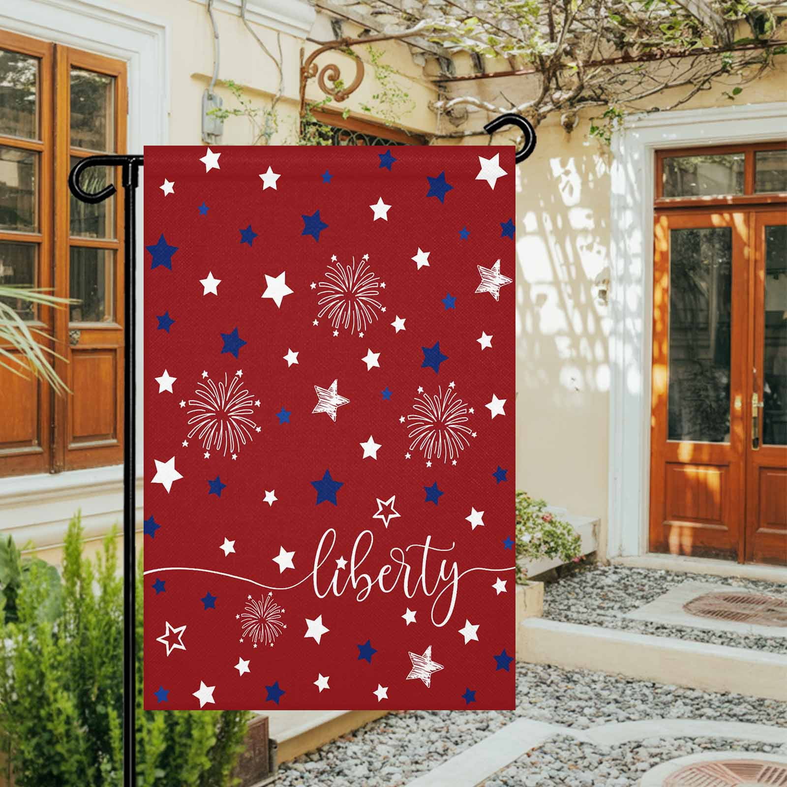 4th of July Garden Flags Patriotic Star Red White Blue Garden Flag Double Sided Welcome Flag Firework Liberty Independence Day Yard Flags for Outdoor Lawn Porch Memorial Day Holiday Decor 28x40 Inch