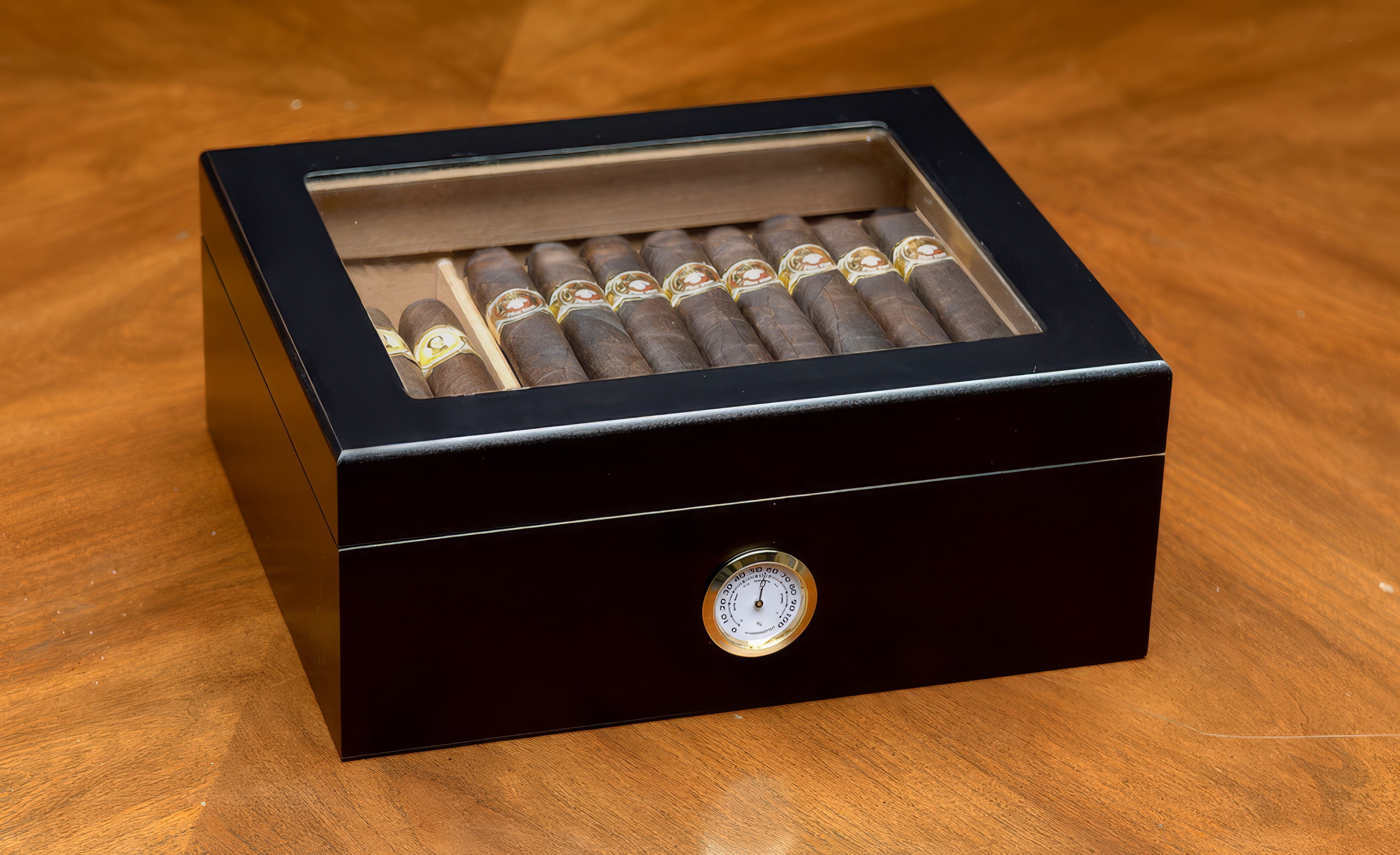 Chalet Glass Top Cigar Humidor - Black Finish - Capacity: 25 to 50