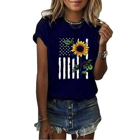 DailyTrove Women's Sunflower & American Flag Graphic T-Shirt - Short Sleeve Casual Tee, Patriotic for 4th of July & Daily