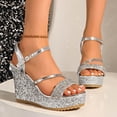 thumbnail image 2 of Rokment Women's Sparkly Metallic Sequin Platform Wedge Dressy Sandals Bridal Delicate Elegant Bling Ankle Strap Chunky Dress High Heels Summer Shoes for Wedding Banquet Silver Size 6, 2 of 6