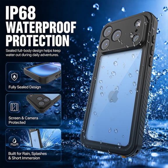 GJL IP68 Waterproof Phone Case for iPhone 18 Pro Max with Built-in Screen Protector, Shockproof Dustproof Full Body Protective Cover, Raised Camera Guard and Non-Slip Grip, Black
