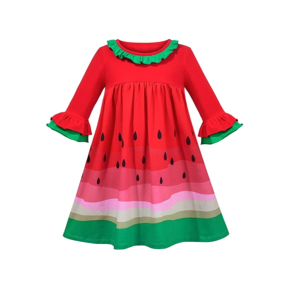 Girls Dress Red Green Watermelon Cute Ruffle Bell 3/4 Long Sleeve 7 Years