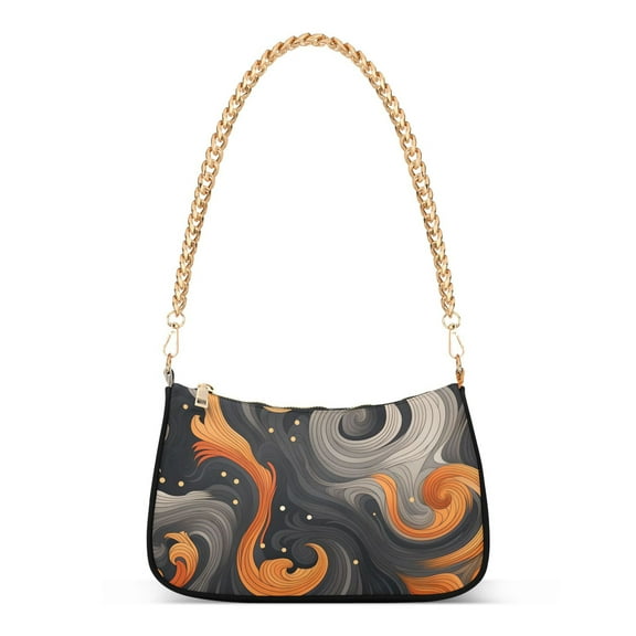 Womens Chain Shoulder Bag Black and Orange Classic Tote Handbags Fashion Clutch Hobo Purse with Zipper for Travel Casual