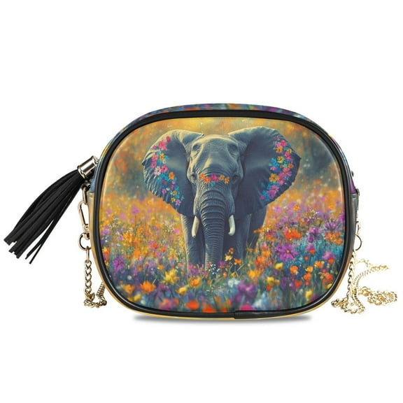 Womens Casual Chain Shoulder Bag Simple style Elephant in Colorful Flower Field Crossbody Bag
