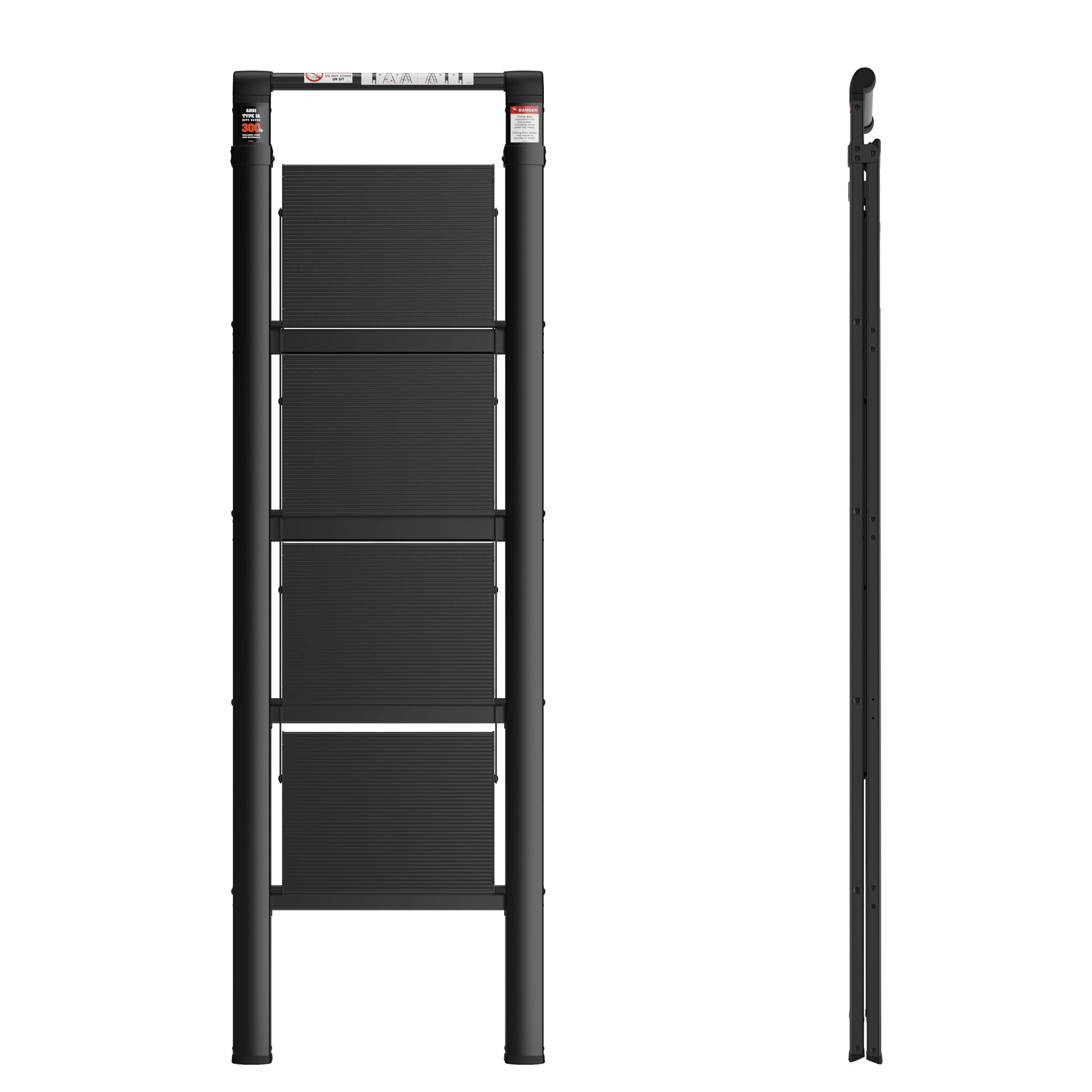 Kadyn Aluminum Retractable 4 Step Ladder, Folding Step Stool with Anti-Slip Wide Pedal, Black Portable Lightweight Ladder for Home, 300lbs Safety Household Ladder