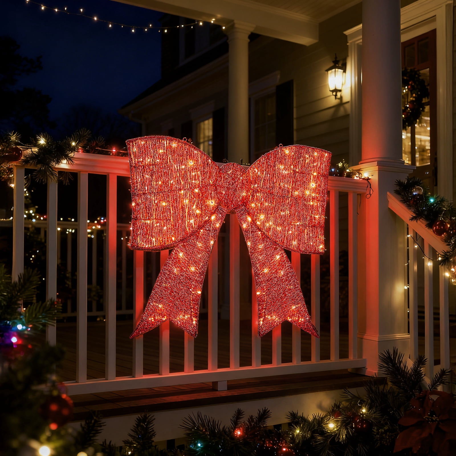 Pre-Lit Outdoor Giant Bowknot Christmas Decoration, Lighted Metal Frame with 124 Warm White LED Lights, for Front Door Gate Wall Indoor Outdoor Holiday Party