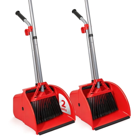 Commercial Broom and Dustpan Set,Jumbo Lobby Debris Dustpan (14inch*14inch), Heavy Duty Broom (14inch Width), 2 Sets, Red,for Indoor and Outdoor Cleaning,Red