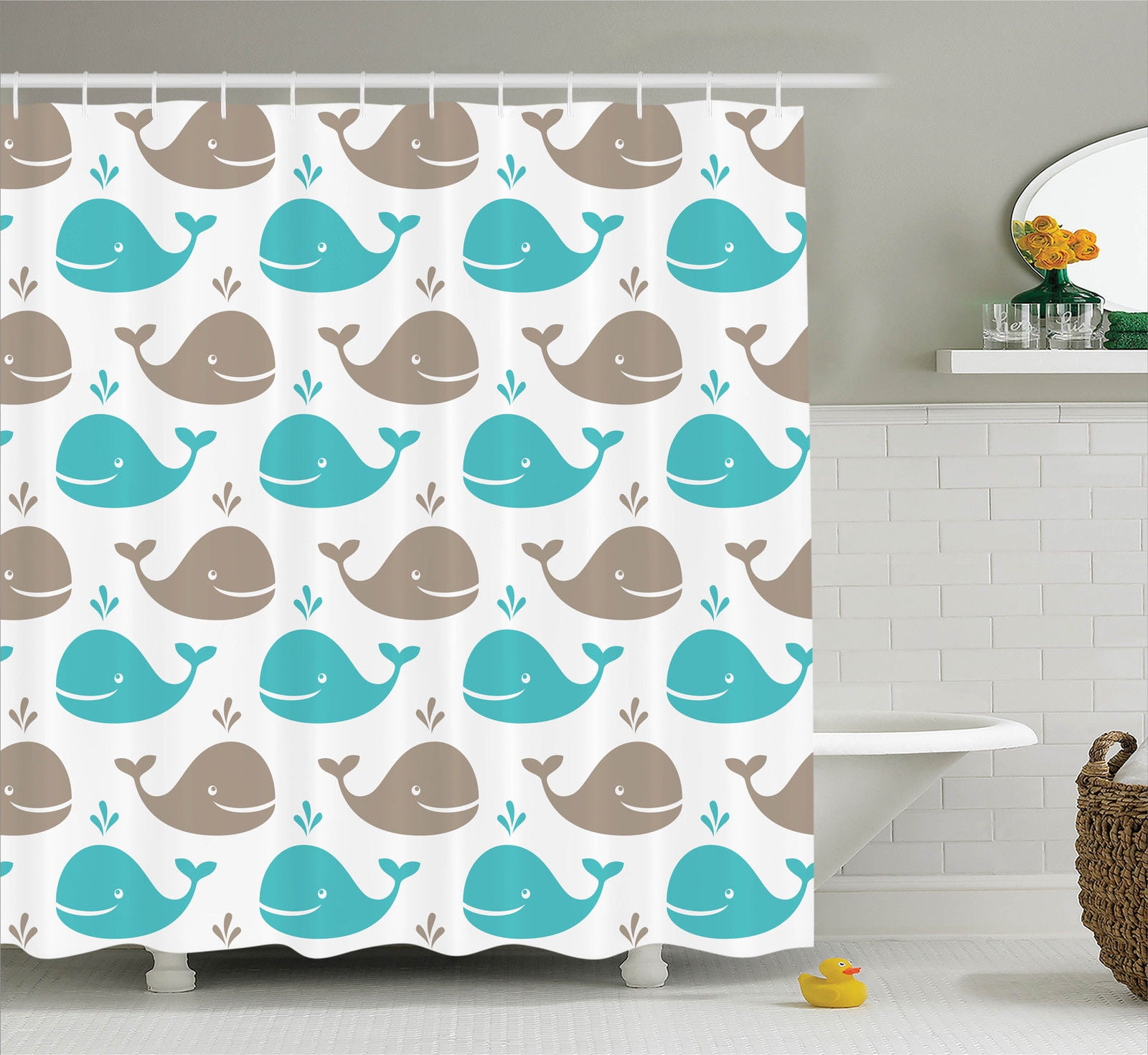Ambesonne Sea Animals Decor Shower Curtain Set Bathroom Accessories 69W X 70L Inches Turquoise White Pattern with Smiling Whale Cartoon Repeated Design Children Illustration