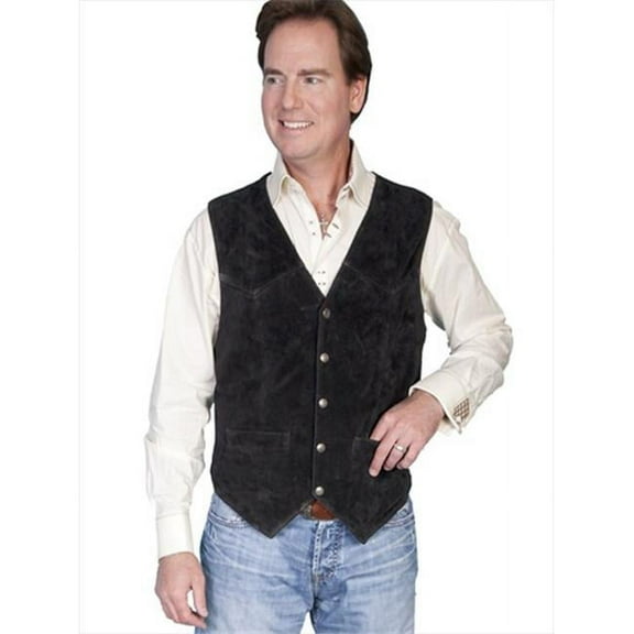 Mens Leather Wear Lamb Snap Front Vest , Black Calf Suede - Large