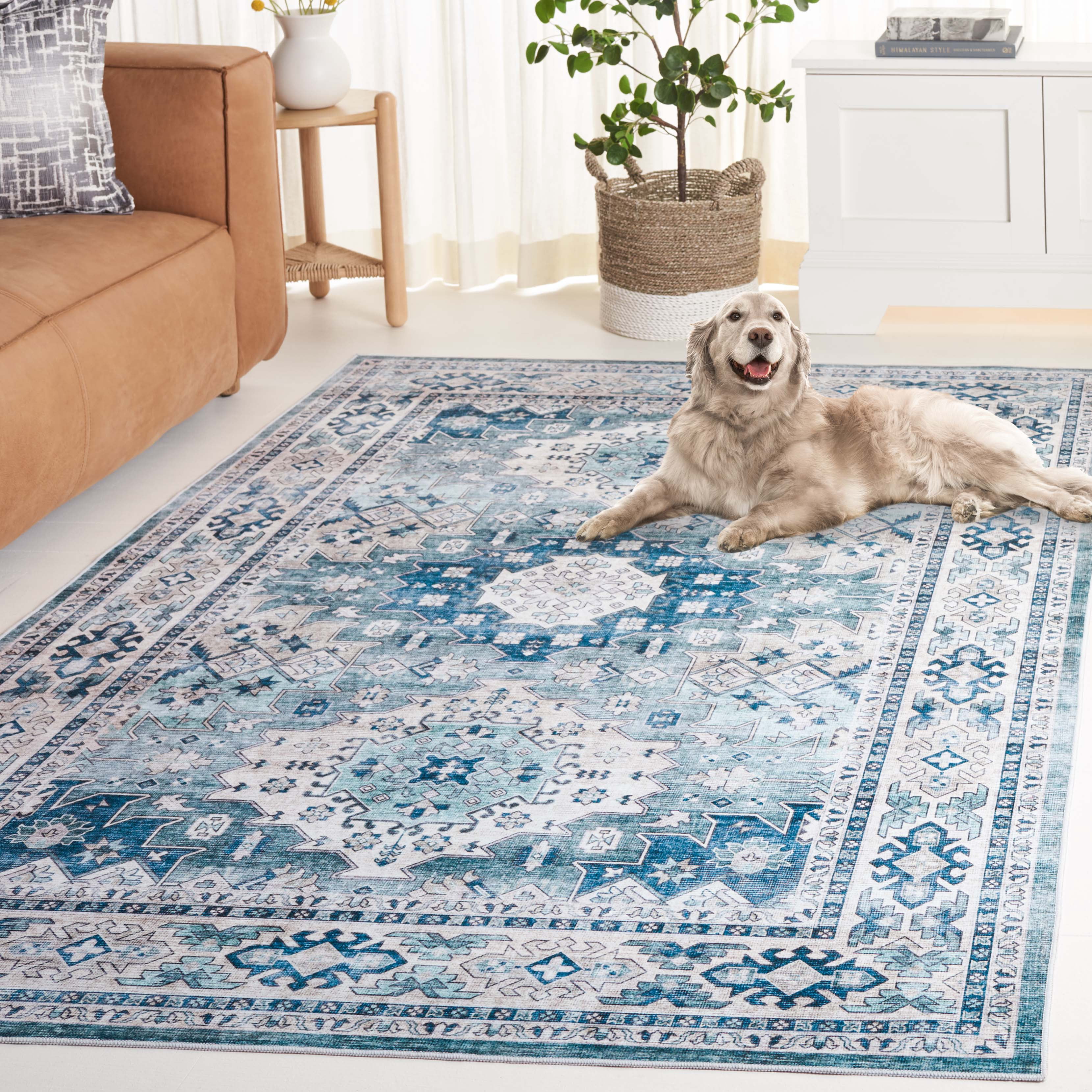 SAFAVIEH Arizona Reannon Oriental Polyester Machine Washable Area Rug, Sage/Aqua, 5' x 8'