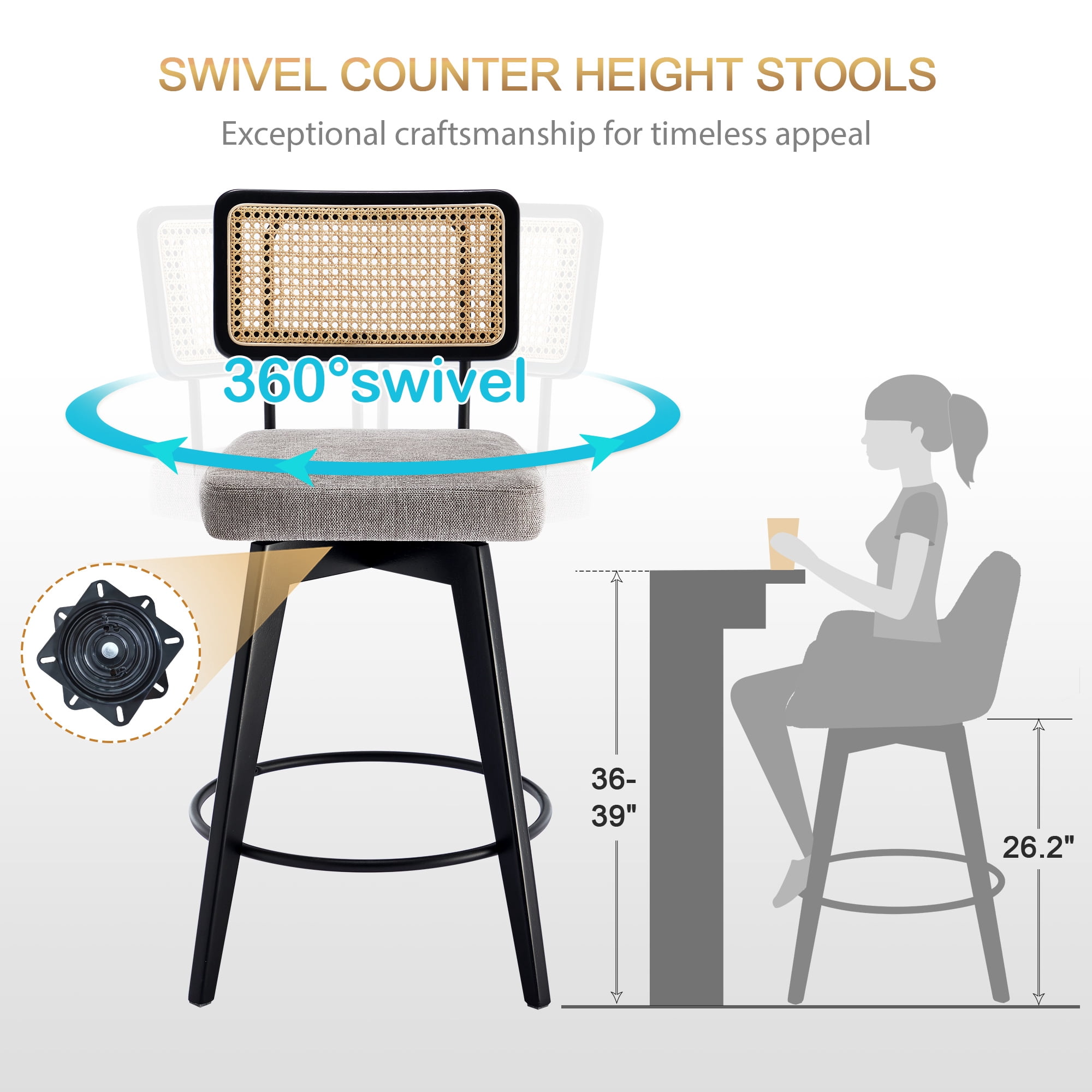 Zesthouse 26.2" Swivel Counter Height Bar Stools Set of 2, Upholstered Linen Counter Stools with Rattan Back, Mid Century Barstools with Solid Wood Frame for Kitchen Island, Gray