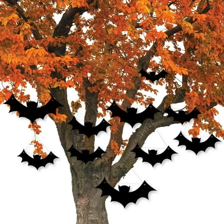 Black Bats Hanging - Outdoor Halloween Hanging Porch & Tree Yard Decorations - 10 Pieces