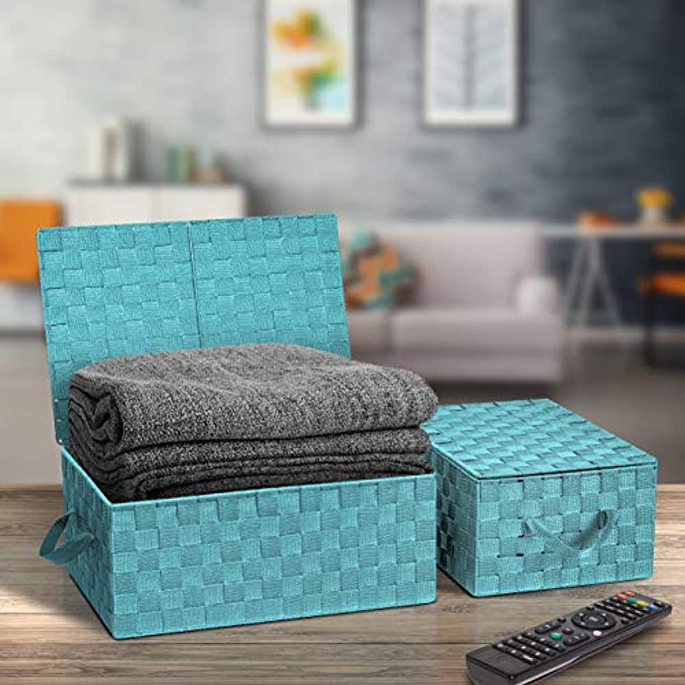 Sorbus Storage Box Woven Basket Bin Container Tote Cube Organizer Set Stackable Storage Basket Woven Strap Shelf Organizer Built-in Carry Handles (Woven Lid Baskets - Aqua)