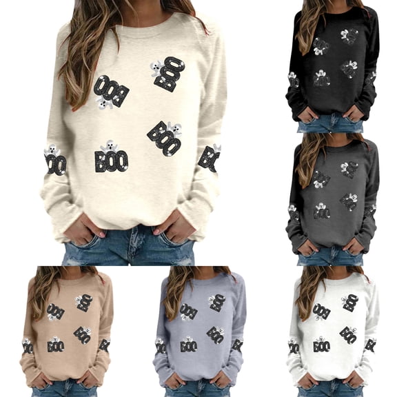 Arlun Halloween Boo Sweatshirts for Women Ghost Sequin Printed Crew Neck Hoodless Pullover Tops Funny Spooky Season Long Sleeve Shirt Casual Sparkle Graphic Fall Top White XL