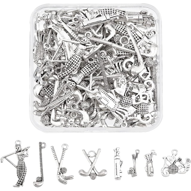 80 colgantes de aleación de zinc de 8 estilos con temática de golf, para collares, pulseras, dijes de metal plateado para hacer joyas.