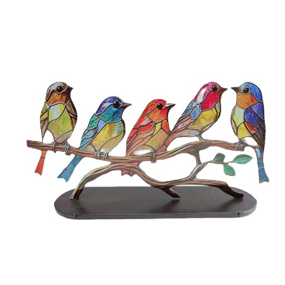 2025 New Stained Metal Birds On Branch Desktop Ornaments, Metal Flat Double Sided Colorful Birds Tabletop Decorations, Multicolor Hummingbird Craft Statue Bird Figurines Sculpture for Home Decor