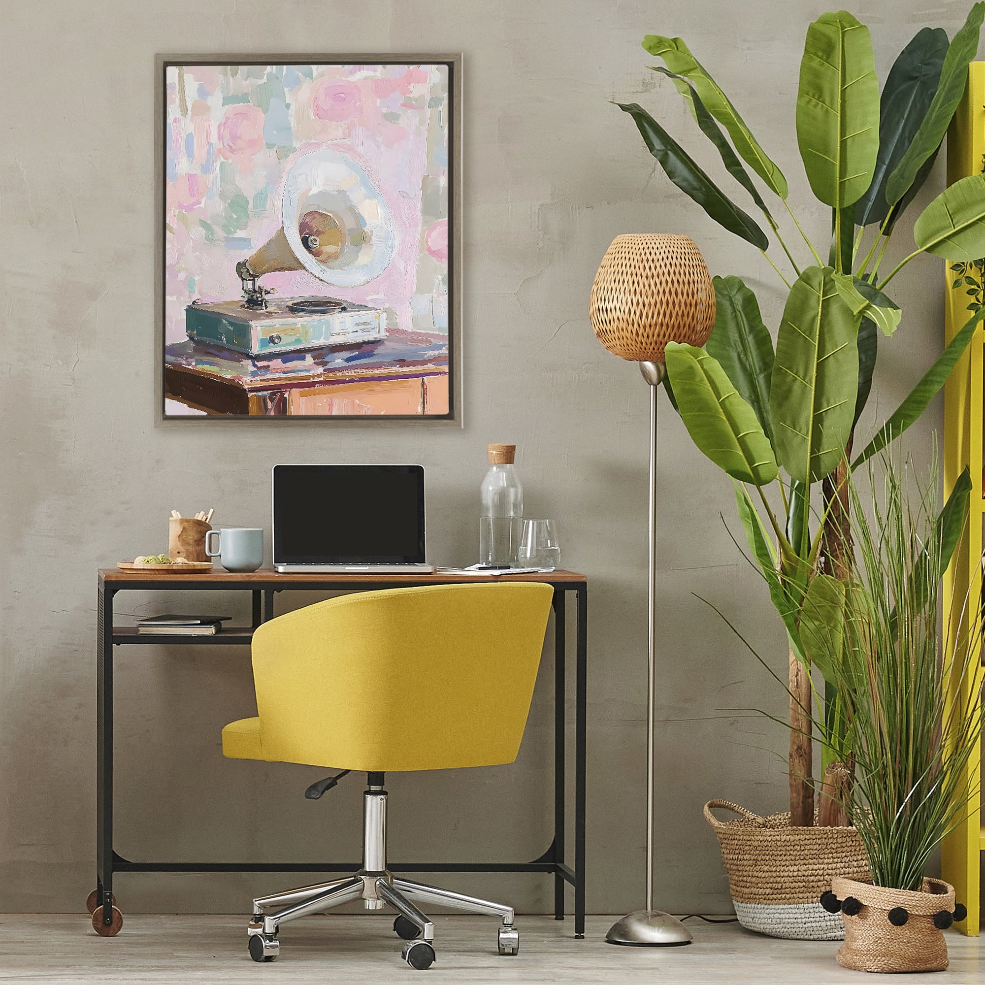 Stupell Industries Vintage Gramophone in Soft Pastels Brown Framed Floater Canvas Wall Art, design by The Prints Vibe