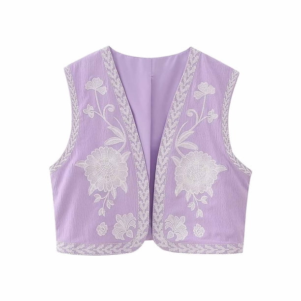 Chaleco informal sin mangas y sin capucha para mujer, chaquetas y abrigos vintage bordados, cárdigans florales sin mangas cortos de lino, top de moda para mujer