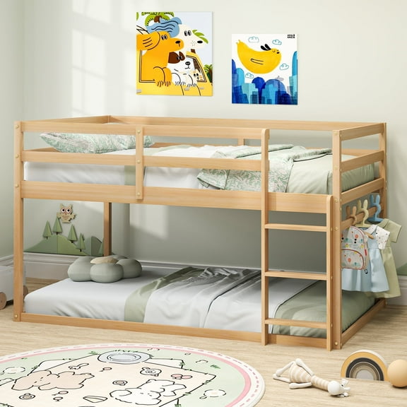 Joywind Kids Twin-over-Twin Bunk Bed with Ladder and Full Guardrails, Solid Wood, Nature
