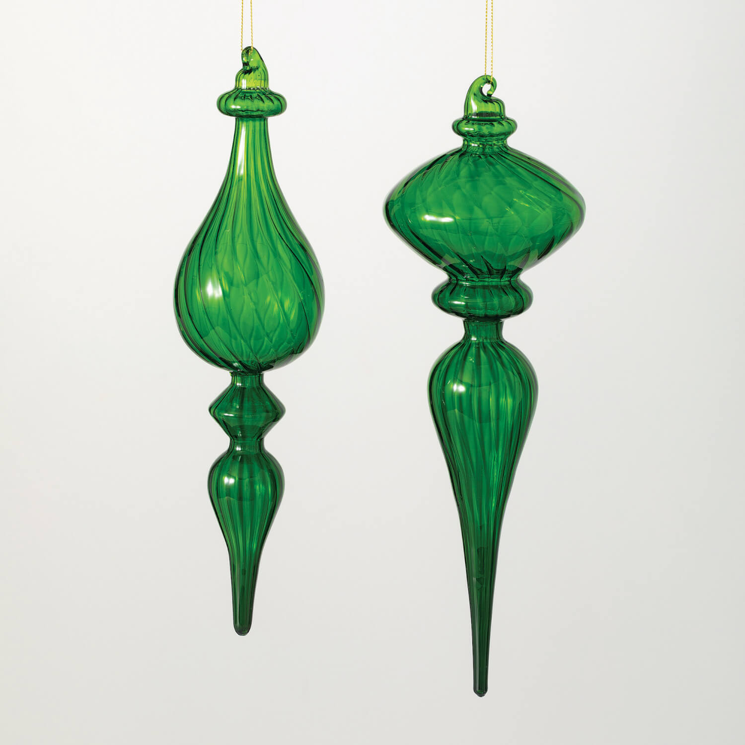 Set of 2 Blown Glass HOLIDAY GREEN FINIAL Christmas Ornaments by Sullivans Gifts