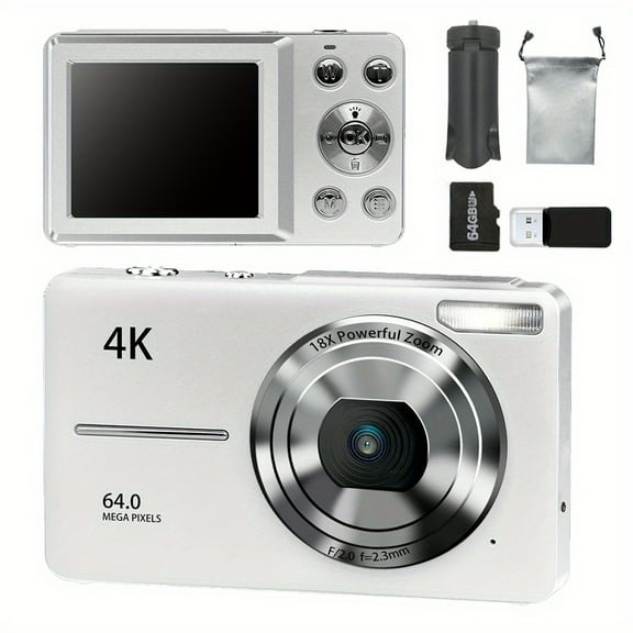 64MP Ultra HD Digital Camera With 64GB Card - Auto Focus & 18X Zoom, Easy To Use Point And Shoot Camera For Travel, - Compact Rechargeable For Vlogging, Video