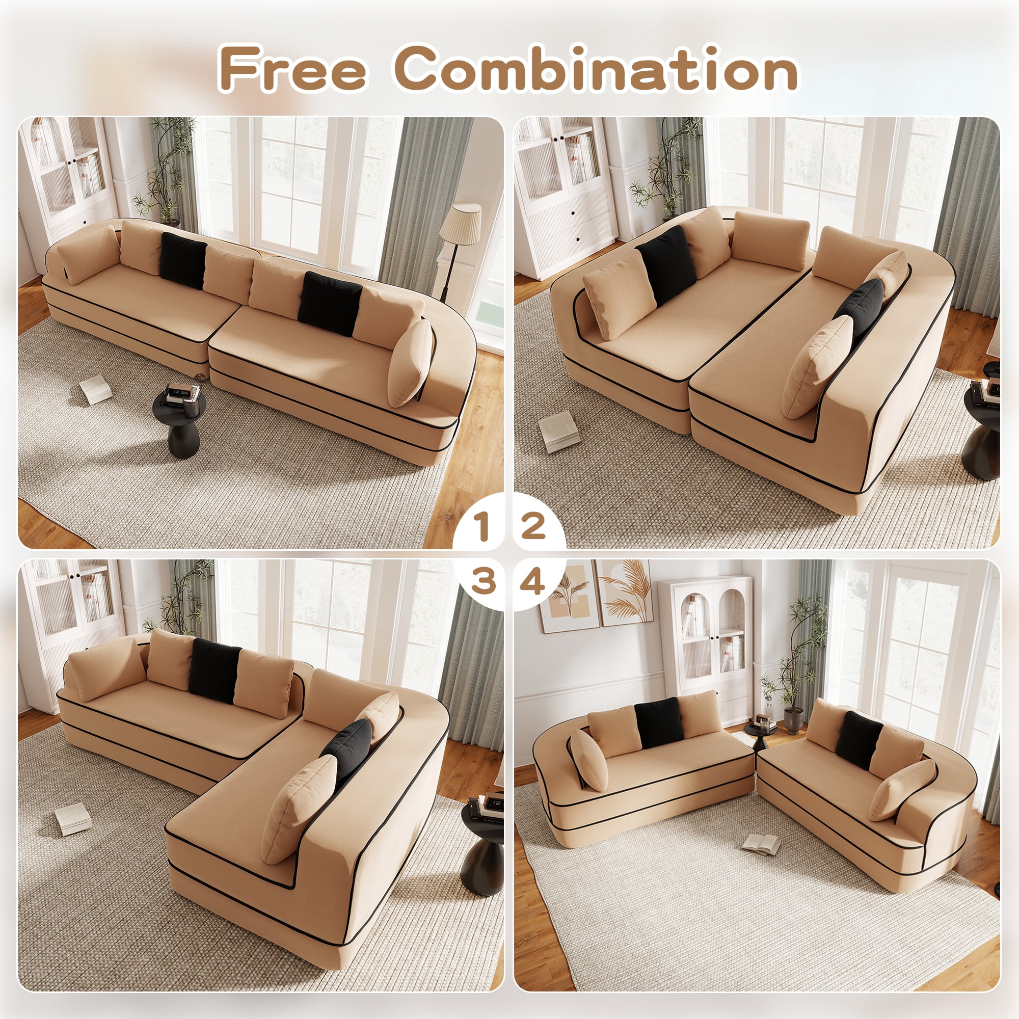 106" Teddy Fabric No Assembly 32D Boneless Sofa, Comfy Couch with L-Shaped Chaise for Living Room, Camel