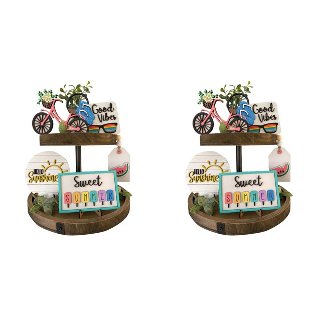 Summer Tier Tray Decorative Set - Wooden Kitchen Hierarchical Tray with Rural Farmhouse Logo for Tray Decoration*2 Pack