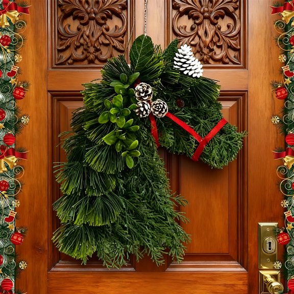 Tikeitoo Savings Horse Heads Christmas Wreath with Red Bow – Rustic Farmhouse Equestrian Christmas Decor,Faux Greenery Holiday Wreath for Front Door, Porch, Barn, or Home