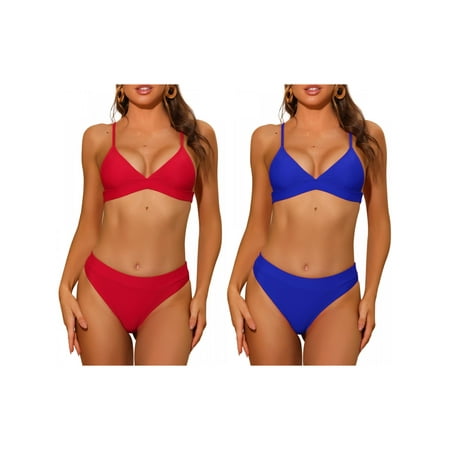 NOMADIC NOOK Women s 2 Piece Triangle Bikini Sets  V Neck Adjustable Spaghetti Straps Top Basic Bottom Swimwear Suits Medium Royal Blue  Red