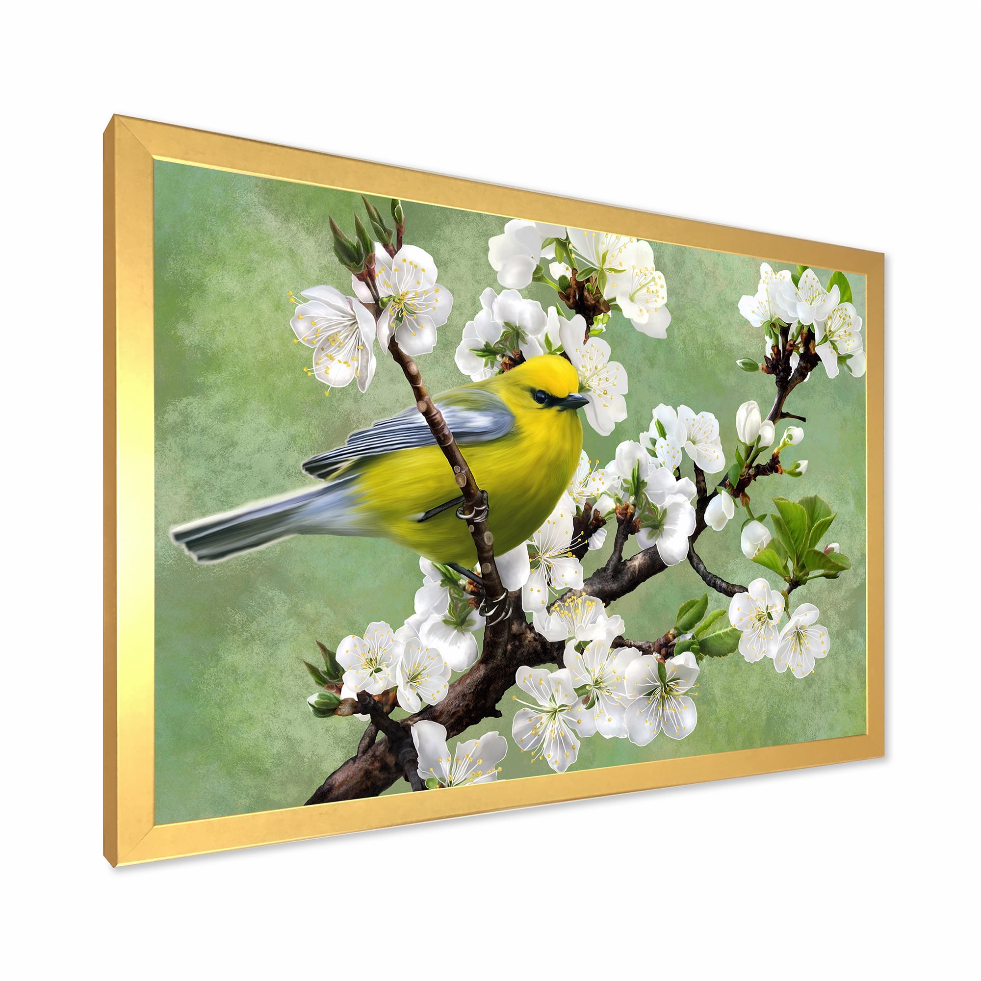 Designart 'Bird Sitting On A Branch of Cherry' Traditional Framed Art Print
