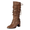 thumbnail image 7 of Slouchy Boots for Women Western Retro Drawstring Soft Leather Pointed Toe Chunky Heel Zipper Mid Calf Booties Winter Knee High Riding Boots Brown Size 8.5, 7 of 7