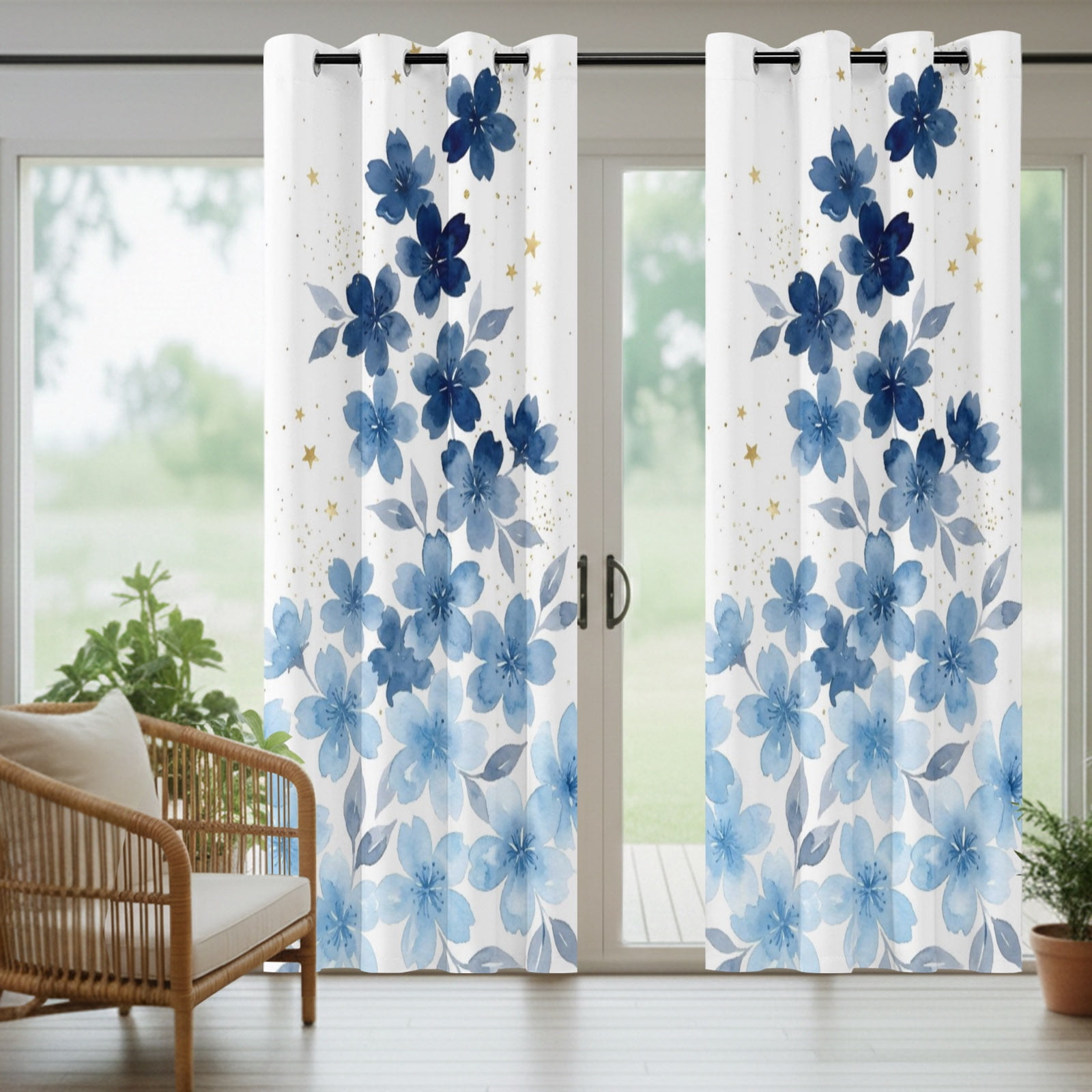Blue Cherry Blossom Outdoor Curtains for Patio, Watercolor Floral Botanical Sunshade Privacy Drapes Grommet Waterproof Outside Curtains for Porch/Cabana/Balcony 54"x 108", 1 Panel