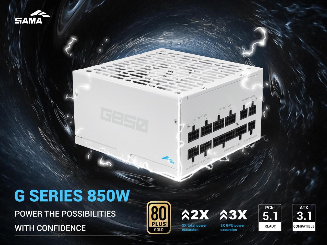 SAMA G850W ATX 3.1 Power Supply, 850W, Cybenetics Gold Standards, PCIe 5.1 Ready, Full Modular, Japanese Capacitors, FDB Fan, White Version