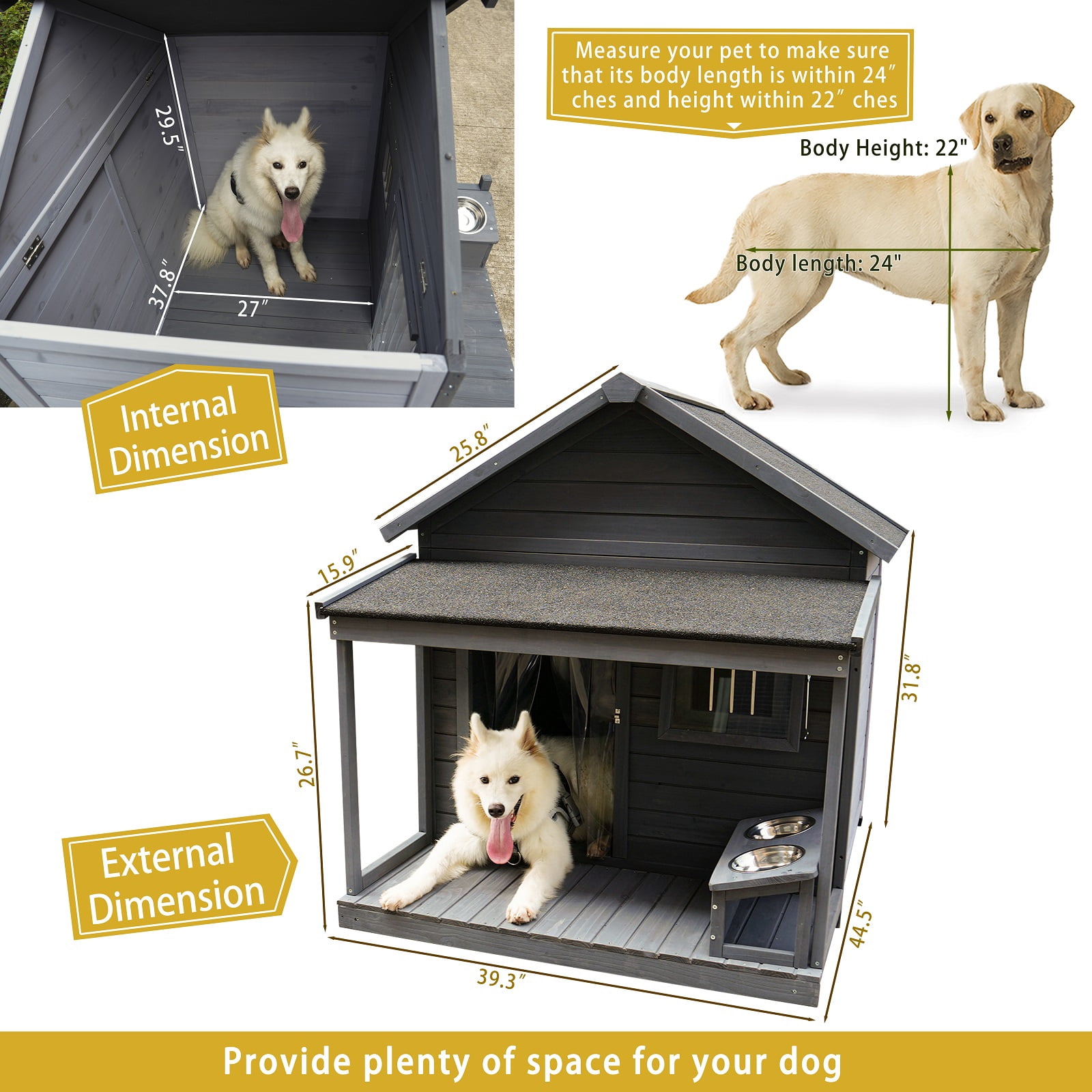 ZephyPaws Large Outdoor Wood Dog House with Spacious Terrace,Breathable Window 2 Feeding Stainless Bowls,Dog Kennel with Asphalt Roof,Dog Cage with Resting Porch for Large Dogs,Gray
