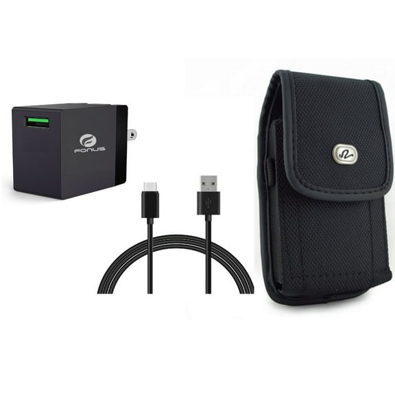 Quick Home Charger & Case Belt Clip for iPhone 15 Pro Max - 18W 6ft USB Cable Power Cord and Rugged Holster Canvas Cover O1O for iPhone 15 Pro Max (6.7")