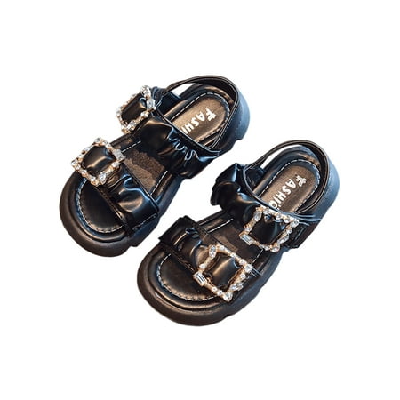 

Woobling Kids Summer Shoe Rhinestone Dress Sandal Magic Tape Platform Girl s Princess Shoes Roman Open Toe Lightweight Black 12C