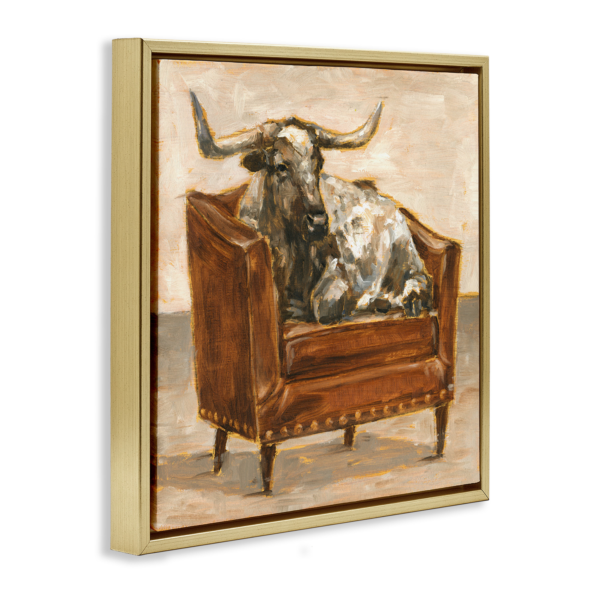 Stupell Industries Brown Bull Resting in Chair Painting Animals & Insects Painting Gold Floater Framed Canvas Art Print Wall Art, 18 x 18