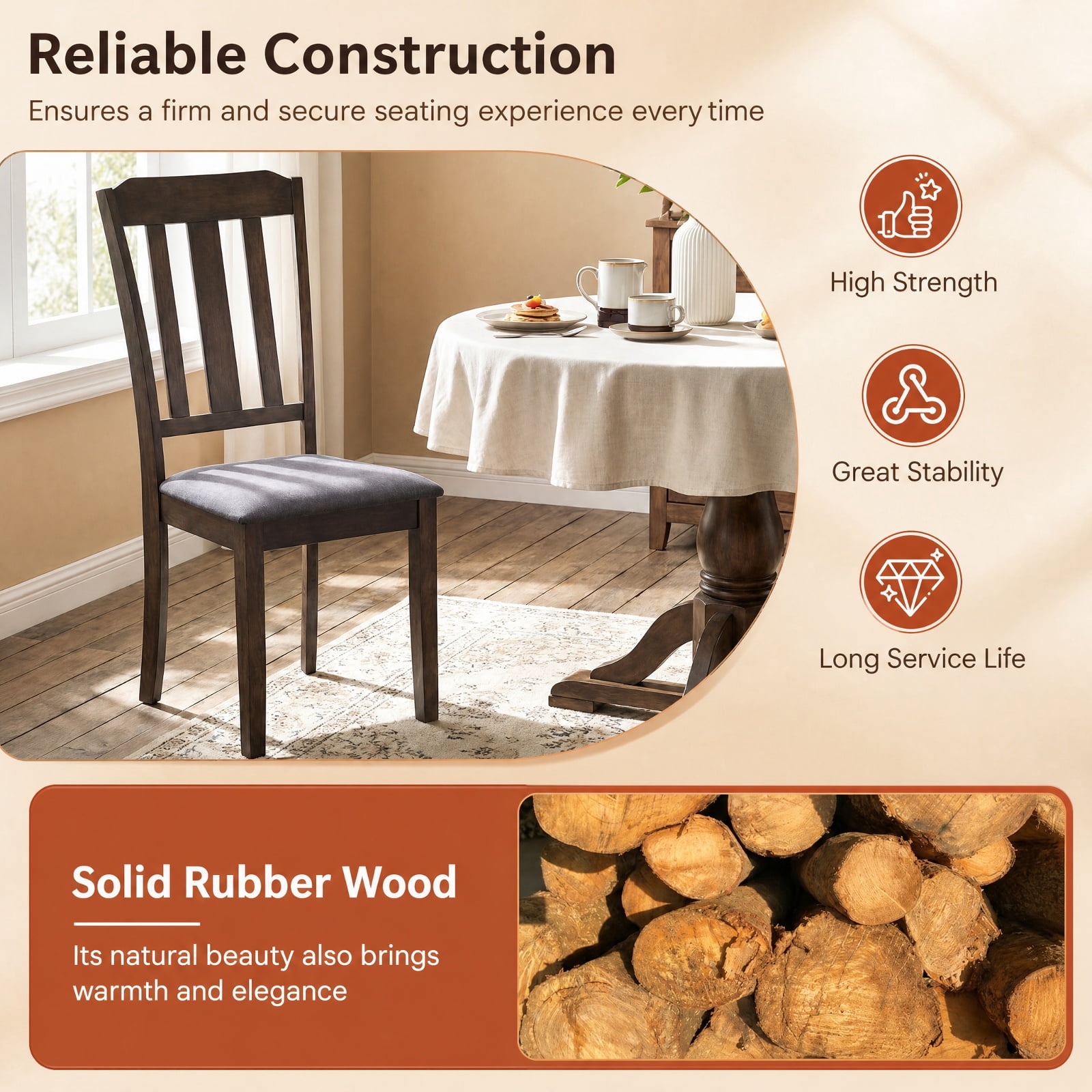 Furnibear Set of 2 Rubber Wood Dining Room Chairs with Padded Faux Linen Seat and Curved Backrest for Kitchen and Dining Room, Brown