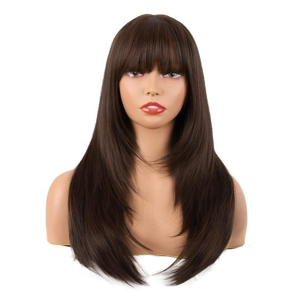 PinesC 24 Inch/60 cm Long Straight Layered with Bangs Synthetic Hair Shoulder Length Daily Use Wig (Brown) Brown