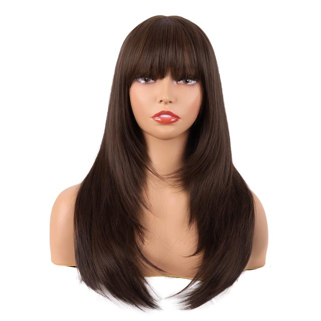 PinesC 24 Inch/60 cm Long Straight Layered with Bangs Synthetic Hair Shoulder Length Daily Use Wig (Brown) Brown