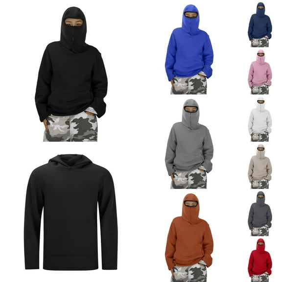 Balaclava Hoodie for Girls Boys Solid Loose Hooded Sweatshirt Casual Fall Winter Personality Streetwear Comfortable Kids Ninja Hoodie Black 5-6 Y