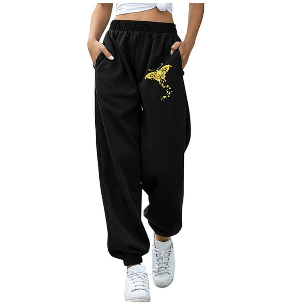 Gibobby pantalones cargo mujer Pantalones de chándal para mujer Cordón elástico Cintura alta Estampado de mariposas hermosas Pantalones de salón de entrenamiento de invierno súper suaves(Dorado, XXXL)