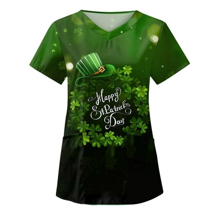 

REORIAFEE Irish Clover St. Patrick s Day Scrubs Irish Shamrock Casual Scrub Tops Women Print Nurse Shirts Short Sleeve Green Spring Tops with Pocket Everyday Tops White S