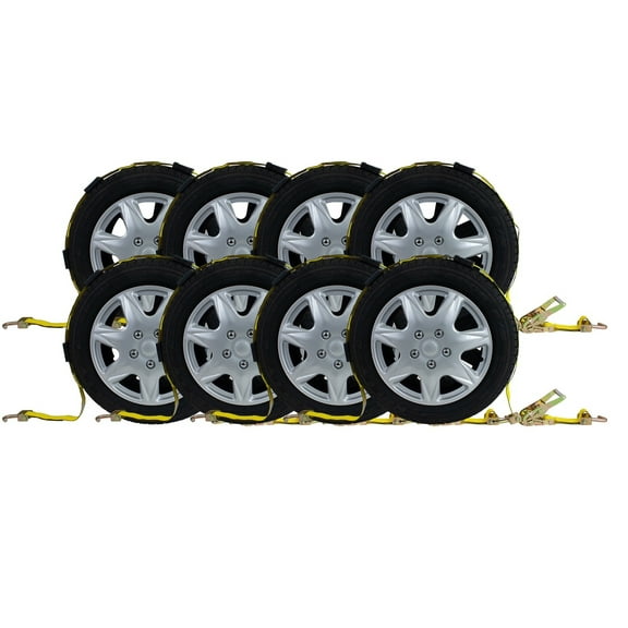 (8 Pack) 2" x 12' Over The Tire Car Hauler Ratchet Straps with Swivel J Hooks and Rubber Blocks - Car Tie Down Wheel Straps Truck Trailer Auto Tie Down