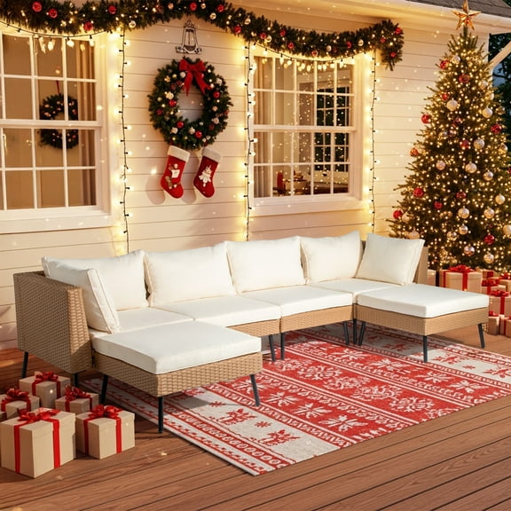 UBesGoo 6-Pc Modular Patio Sectional, All-Weather Brown Rattan Set with Removable Peacock & Off-White Cushions
