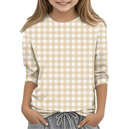AHTJRT Kids Plaid Tshirt Crew Neck Long Sleeve Tee Tops Fashion Fall Spring Lounge Streetwear Sweatshirt Outdoor Workout Hiking Tops Beige 4 Years