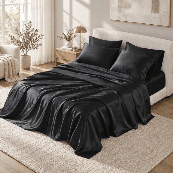 Regency Heights Black Satin Sheet Set Queen Size, 6-Piece Silky Bed Sheets with 16" Deep Pocket Fitted Sheet